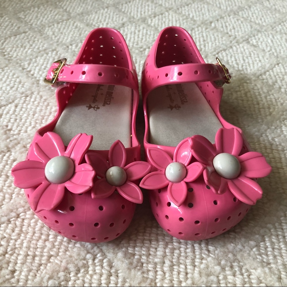 Mini Melissa pink Mary Janes with white flowers